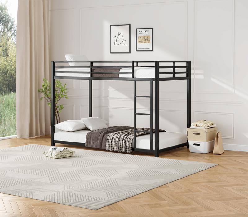 Twin Over Twin Metal Bunk Bed, Low Bunk Bed with Ladder, Black, Sturdy Steel Construction, Safe Design, Easy Assembly, 250lb Upper Bed Capacity, 350lb Lower Bed Capacity