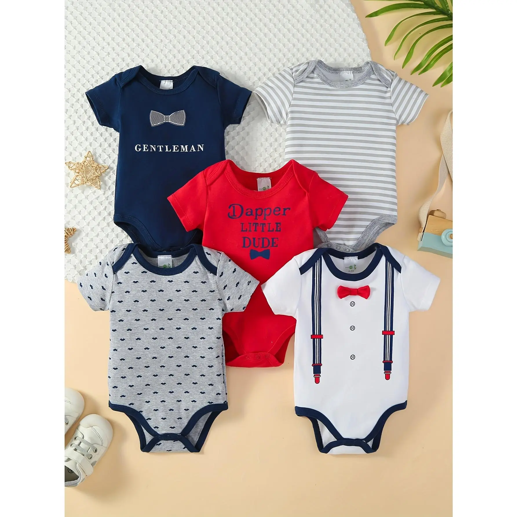[5pcs Set] Baby Boy Cartoon Triangle Onesie, Male Baby, Bow Tie Gentleman Cotton Crawl Suit, for Outdoor, Bow Tie Print, Cotton Suit, One-Pieces