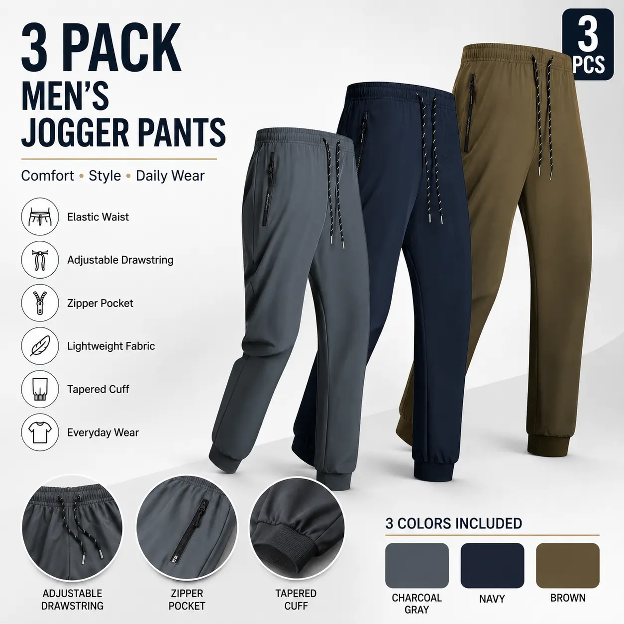 Men’s Lightweight Casual Jogger Pants with Elastic Drawstring Waist and Zipper Pockets, Loose-Fit Comfortable Versatile Athletic Pants