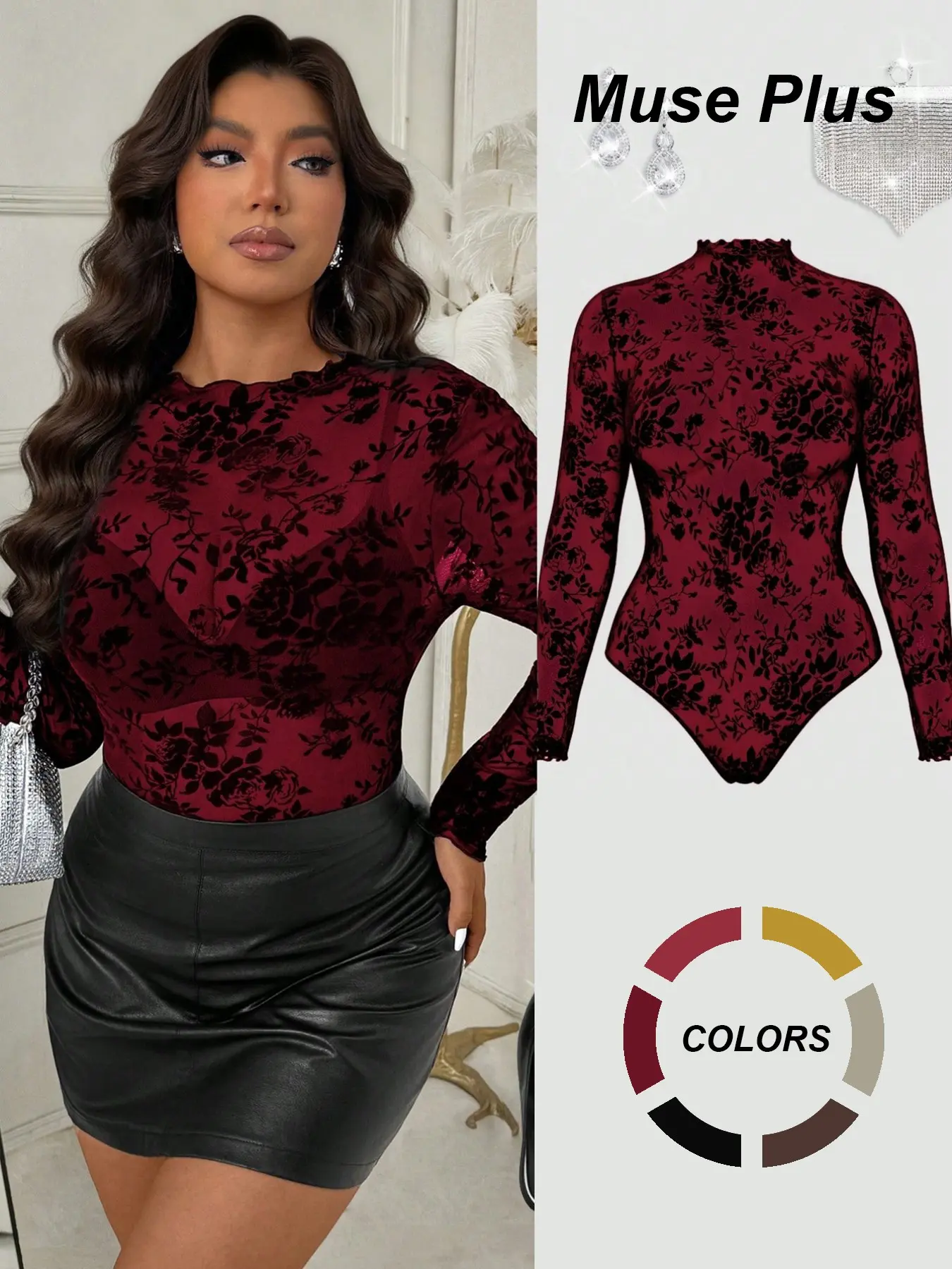 Women's Plus Size Skinny Bodysuit Flocked Floral Mesh Long Sleeve Sheer Sexy Mock Neck Tops Bodycon Leotard Clubwear Party Date Night Outfits Trendy Statement Floral Print Bodysuit