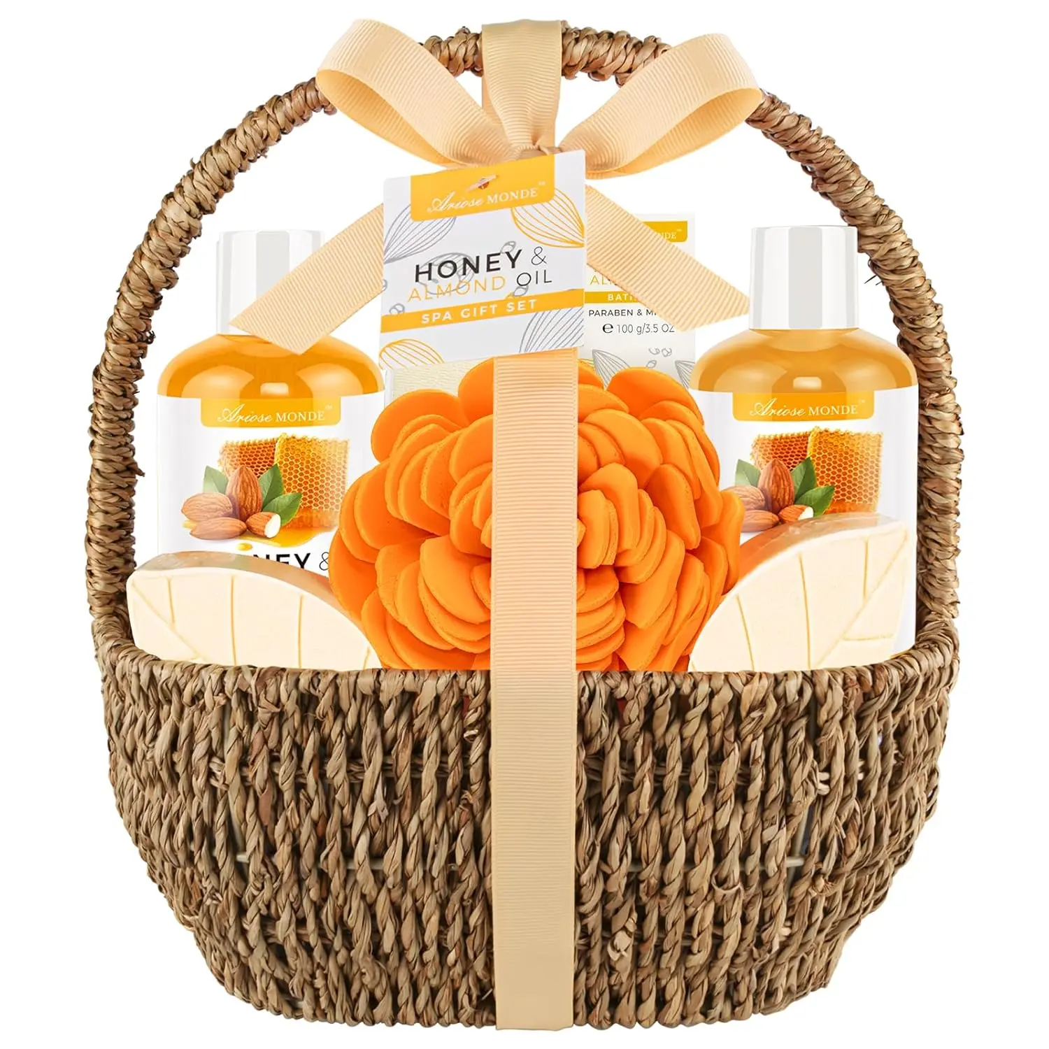 Bath Spa Gift Basket, Bath & Body Gift Set for Women & Men, Includes Shower Gel, Bubble Bath, Bath Salt, Bath Sponge, Spa Gift Box for Mother's Day, Birthday, Wedding, Honey & Almond