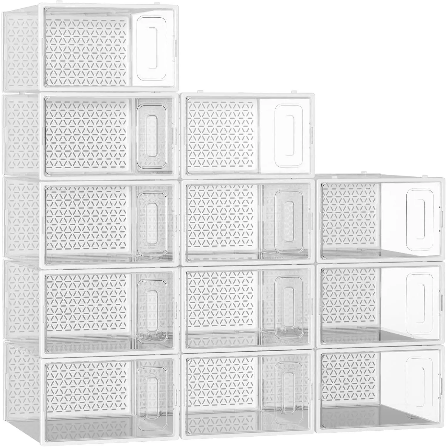 Shoe Boxes, 12 Pack Clear Plastic Stackable Shoe Storage Boxes Fit  Size 10, Ventilated Dust-Proof Sneaker Containers, Shoe Organizer for Closet, Entryway, 13.1 x 9 x 5.5 Inches, White