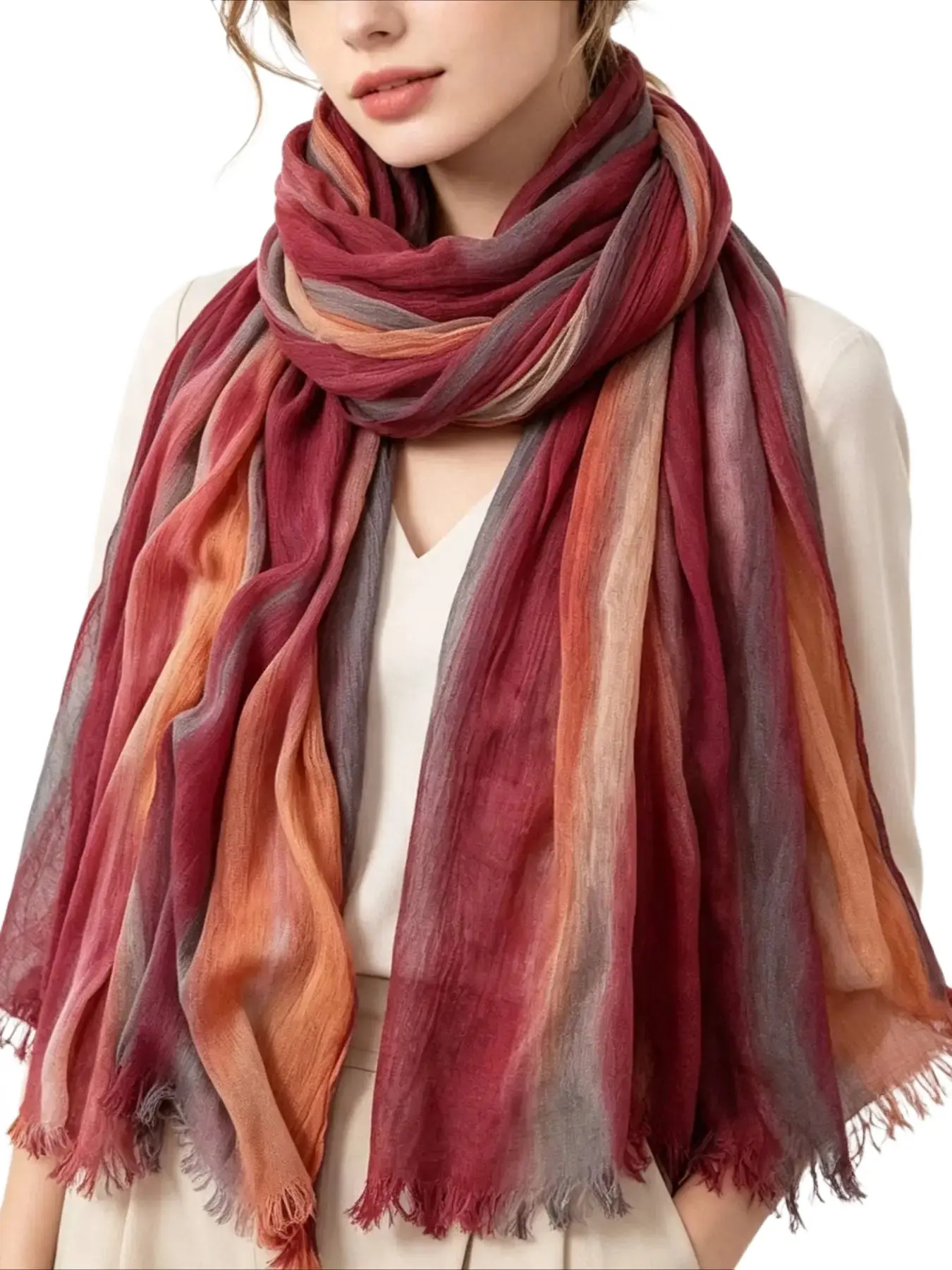 Gradient Multi‑Color Crinkle Hijab Women Soft Modal Fringed Shawl Breathable Muslim Headscarf All‑Season Modest Head Cover