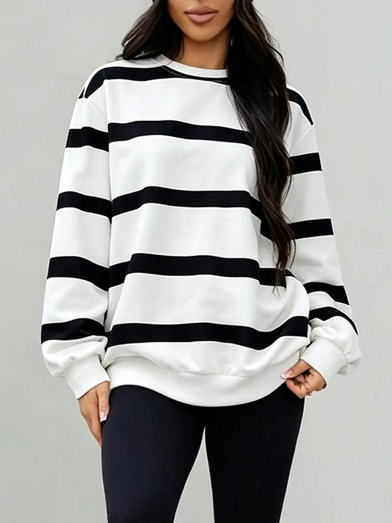 Women's Striped Round Neck Sweatshirt, Long Sleeve Loose Fit, Fall Winter Fashion, Streetwear, Daily Wear, Travel