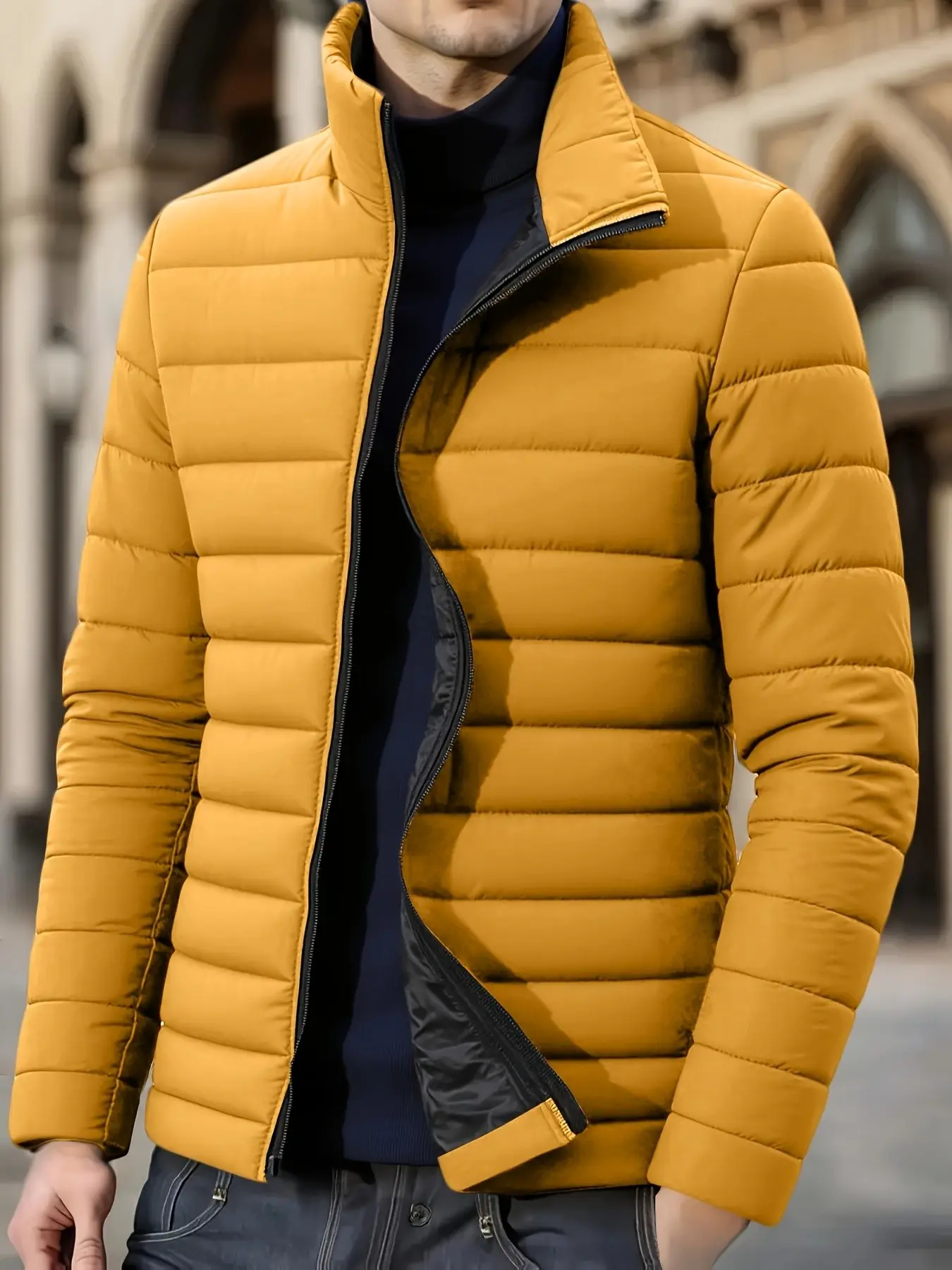 Men's Winter Solid Color Long Sleeve Jacket, Stand Collar Coat with Zip Pockets, Windproof Warm Outerwear for Autumn and Winter