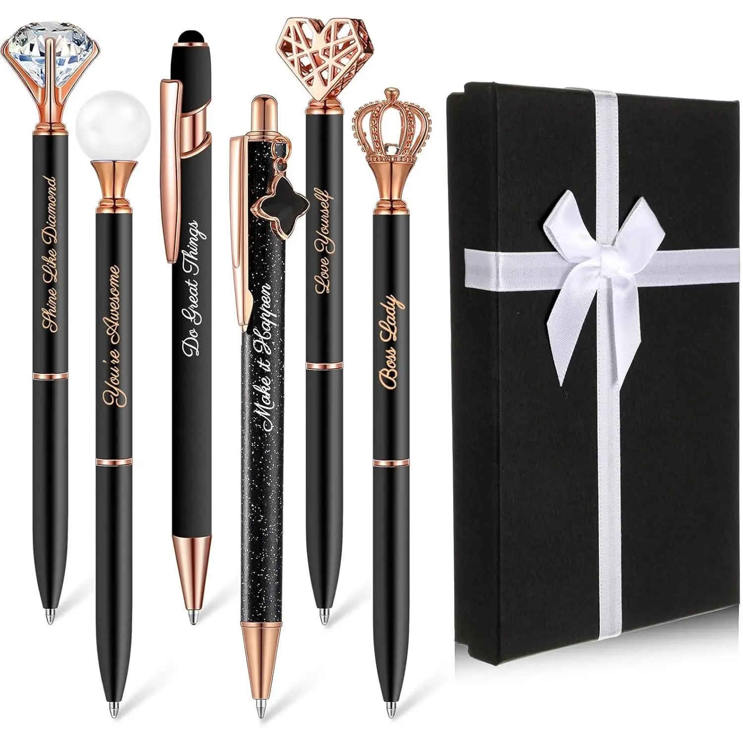 Women's 6-Piece Crystal Diamond Glitter Ballpoint Pens with Box, Girly Office Supplies, Inspirational Back to School Gifts for College Students (Black)
