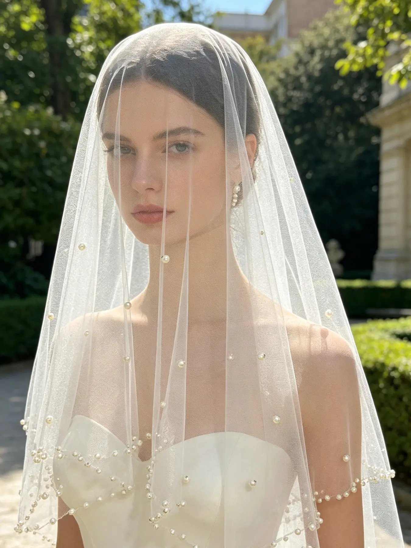 French-Style Bridal Wedding Dress Veil, Hand-Sewn Pearl Veil, Single-Layer Beaded Veil Headpiece, Elegant Wedding Accessory, Wedding Veils
