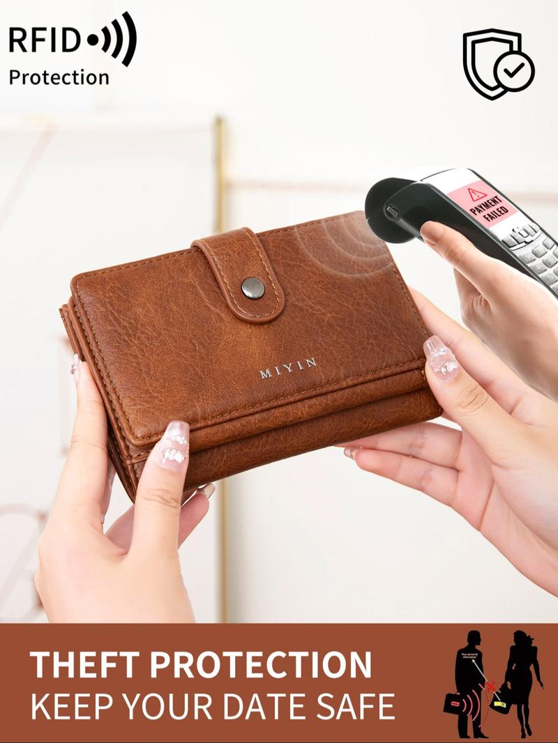 Women's Minimalist Plain Color Letter Decor Short Wallet, Casual Versatile Zipper Wallet with ID Window, RFID Blocking Card Holder for Daily Used