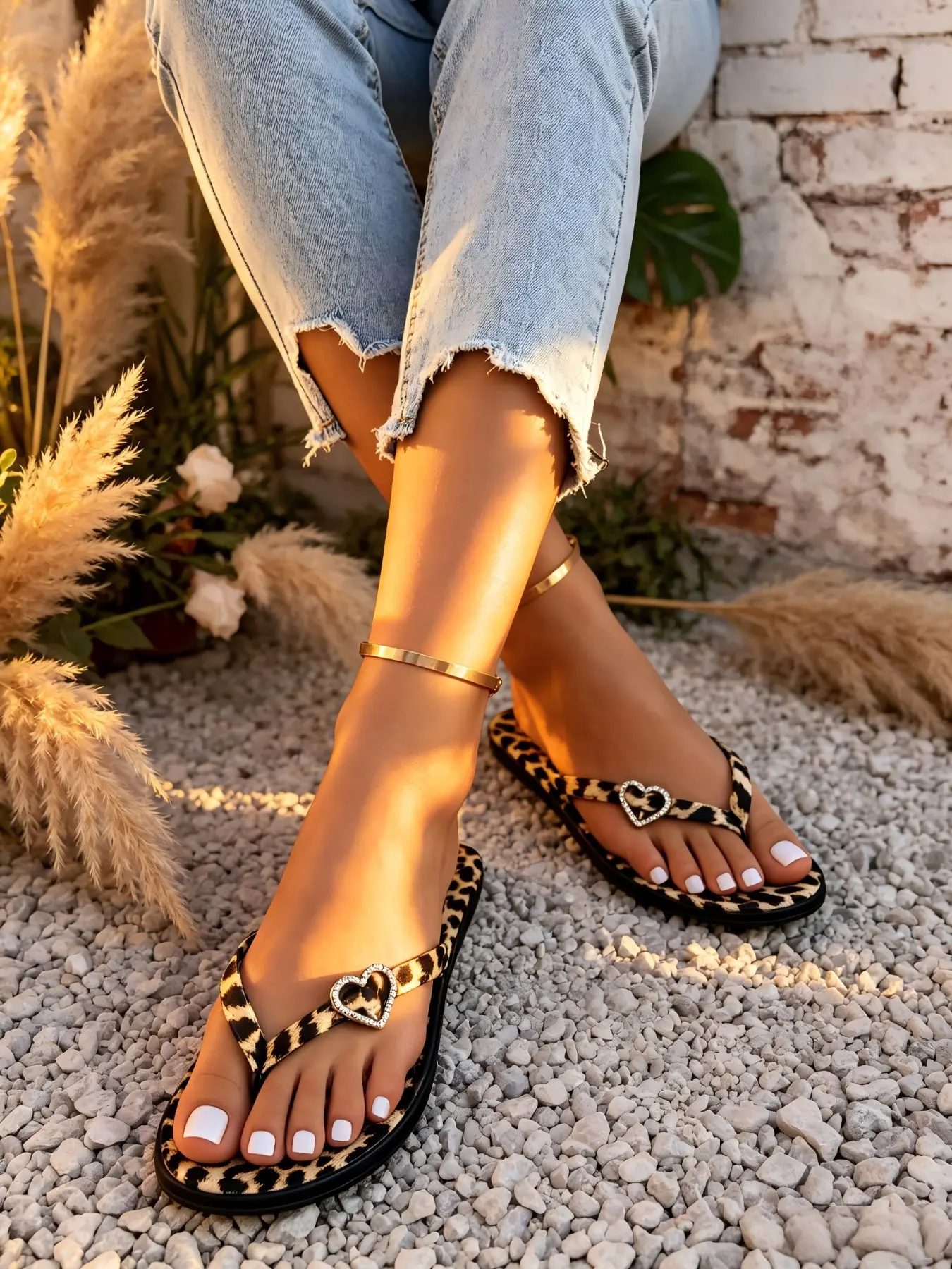 Vintage Leopard Print Rhinestone Heart Sandals, Fashionable Flat Sandals, Anti-Slip Flat Summer Slippers, European Style Beach Shoes for Women