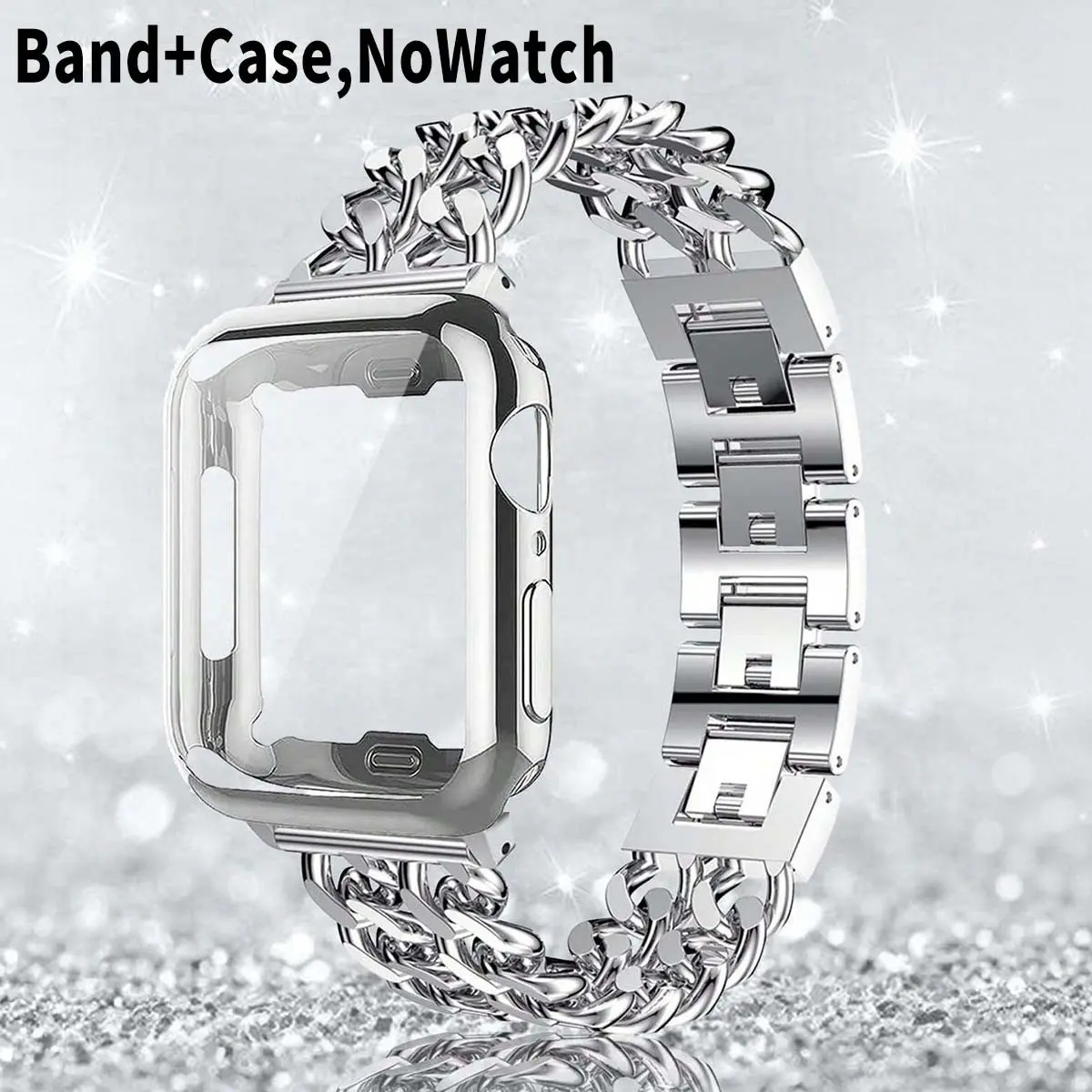 Cuban Chain Metal Watch Strap Set, Electroplated PC Case, Anti-Drop Scratch-Resistant, Adjustable Stainless Steel Band, Compatible with Apple Watches