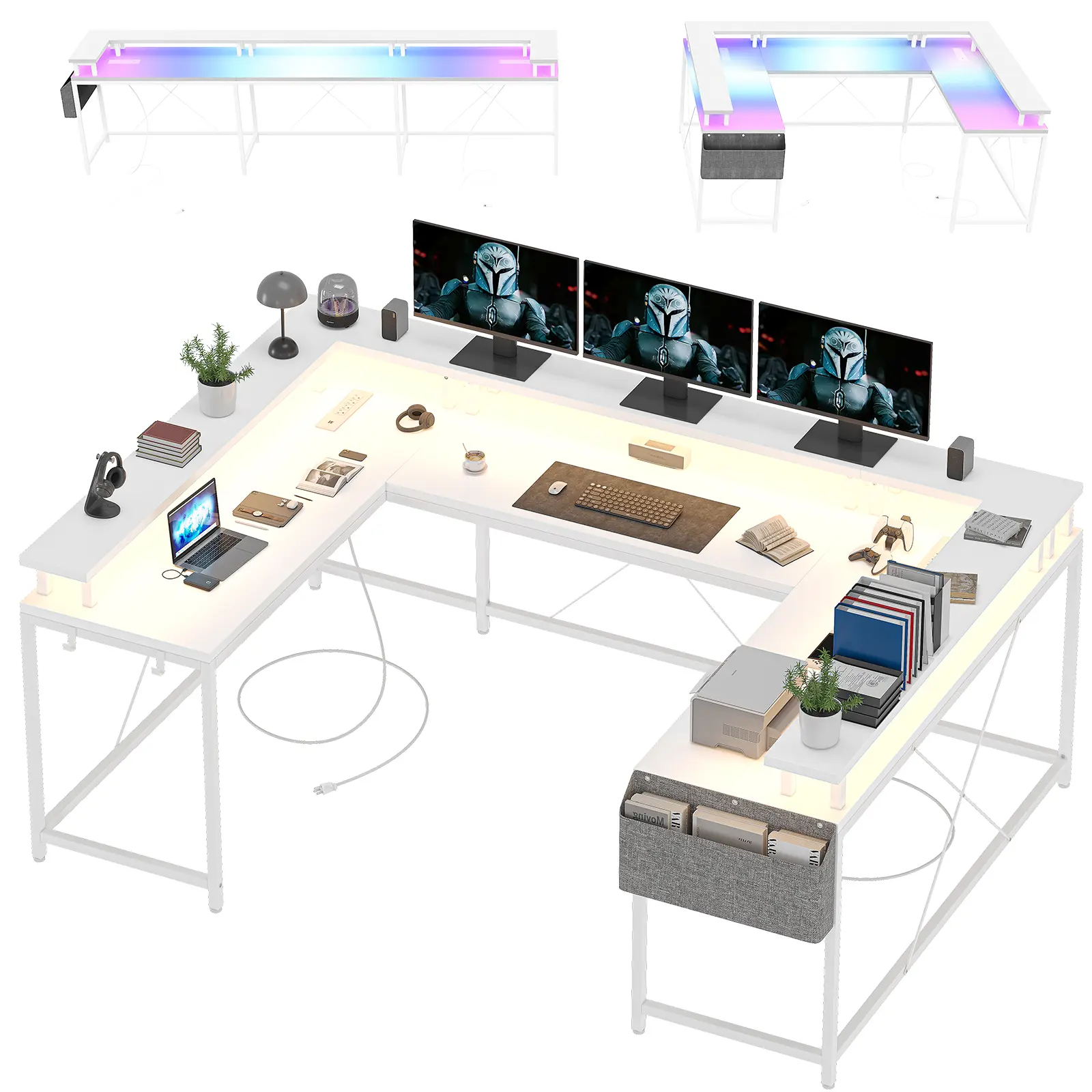 Reversible L-Shaped Computer Desk, 79 Inch U-Shaped Workstation with Power Outlets and LED Lights – Full Monitor Stand, Spacious Corner Table for Home Office