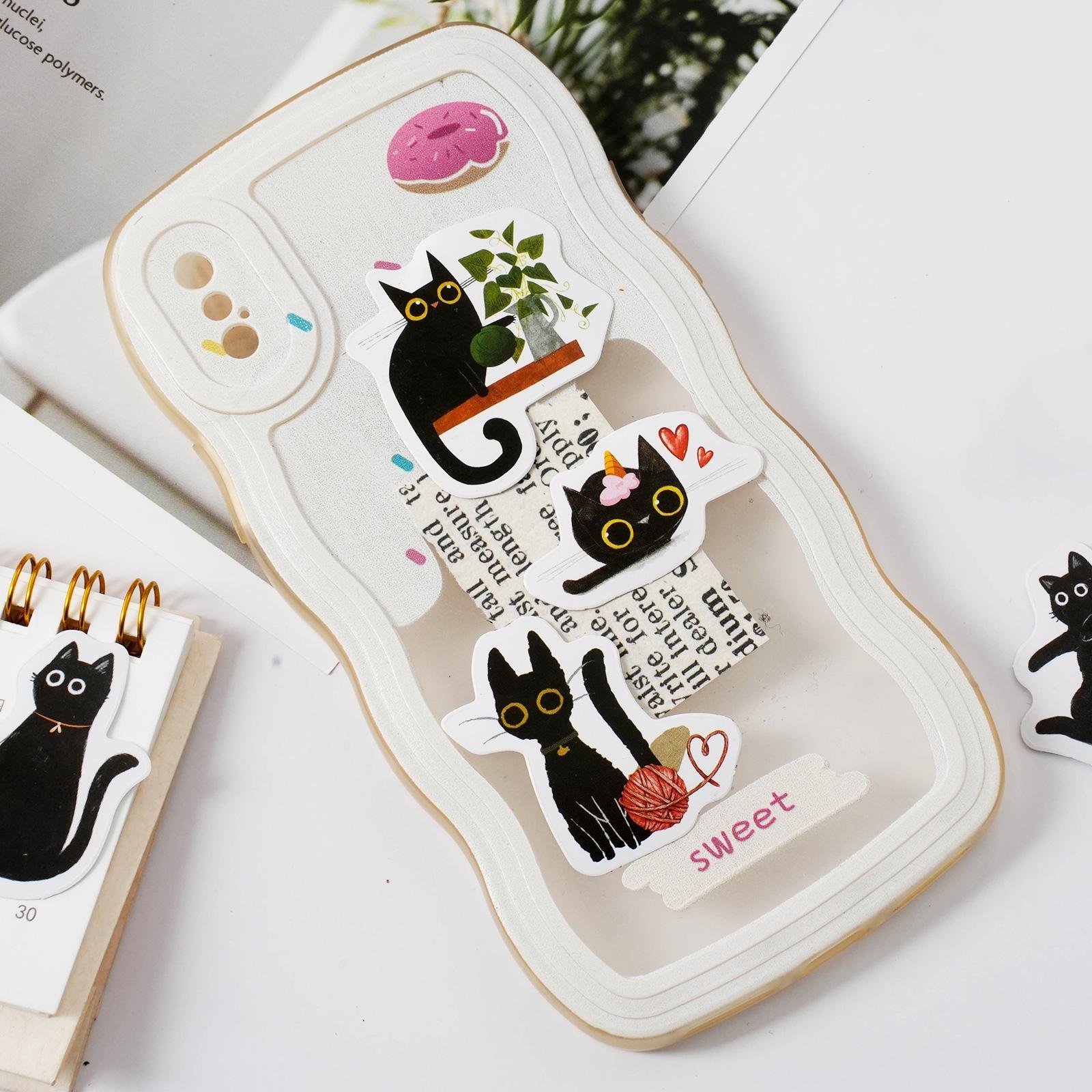 46 Sheets Cartoon Black Cat Stickers, Cute Pet Handbook DIY Stickers, Collage Student Gift, Sticker Cards