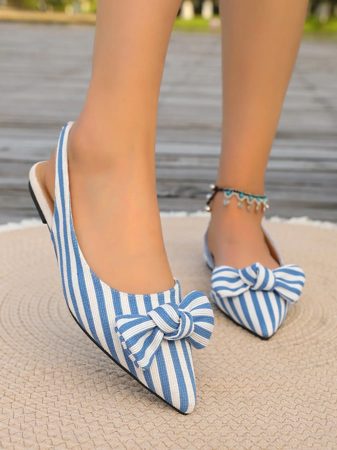 Cute Girl Style Vertical Stripe Woven Fabric Pointed Toe 3D Bow Back Open Sandals, High Elasticity Back Strap, Daily Wear Flat Sandals