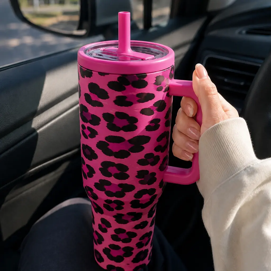 1PC 40oz Leopard Print Insulated Tumbler with Handle & Lid, Double Wall Vacuum Travel Mug, Leak-Proof Large Capacity Cup, Keeps Drinks Hot 12H Cold 24H, Reusable Cup for Men Women, Gym Office Gift
