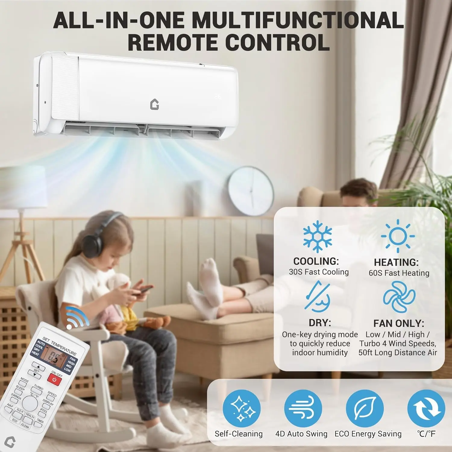 OUTGOODS Wall Mounted Ductless Mini Split Heat Pump - 9000 BTU 20 SEER2 Inverter AC Heater, 208-230V, Quiet Modern Fan, Automatic Dry Mode, Wireless Remote, Timer, Full Installation Kit, Cools/Heats 450 Sq Ft for Bedroom, Living Room Home Cooling Solution