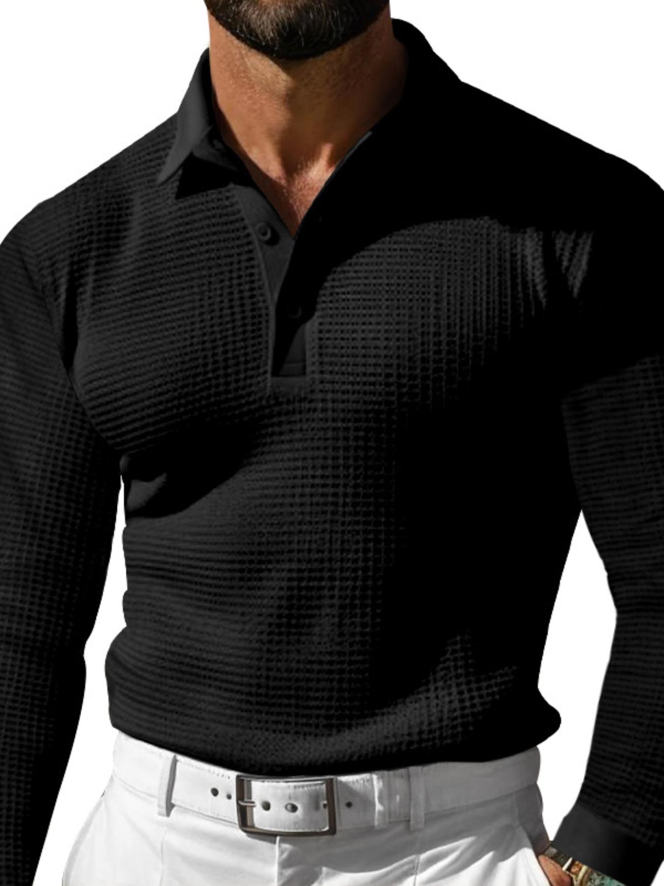 Men's Waffle Knit Polo Shirt, Slim Fit Long Sleeve Collared Tee with Buttons, New Arrival Bestseller for Men, Perfect for Casual Wear