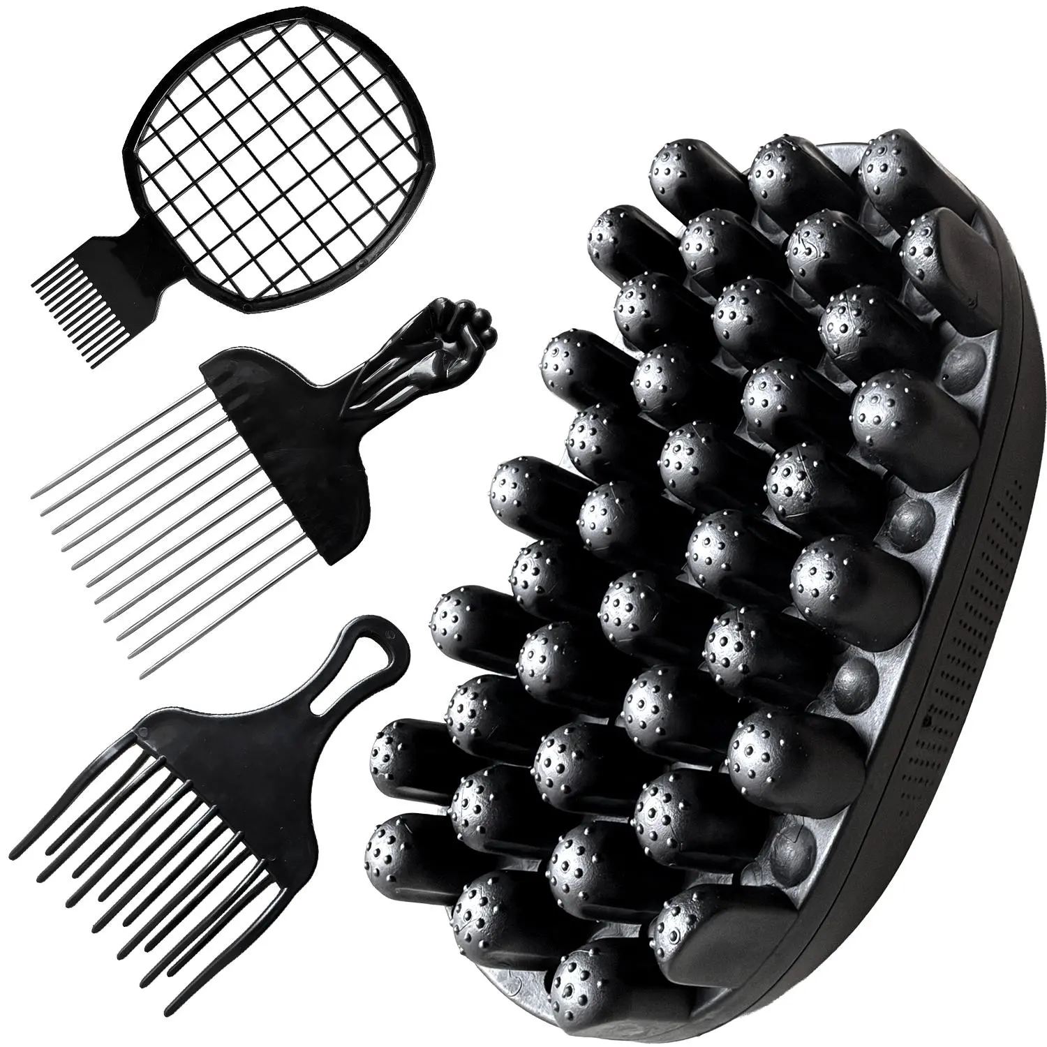 4-in-1 Eco-Friendly Freeform Afro Hair Brushes & Combs Kit - Silicone Curls and Coils Tool, Stainless Steel Fist Pick, Mesh Volume Brush, Professional Edge Control Set - All One Size Beauty Tool Upgrade for Black Kinky Locks