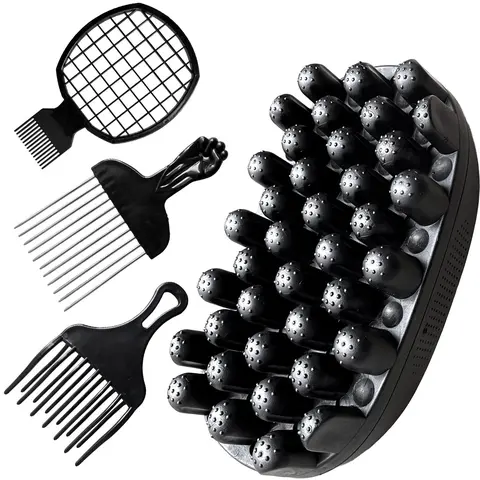 4-in-1 Eco-Friendly Freeform Brush Kit for Black Afro Kinky Coily Locks - Silicone Curly Brush, Stainless Steel Fist Pick, Mesh Max Volume Tool, Professional Edge Control Set - One Size African Curl Coil Care Product