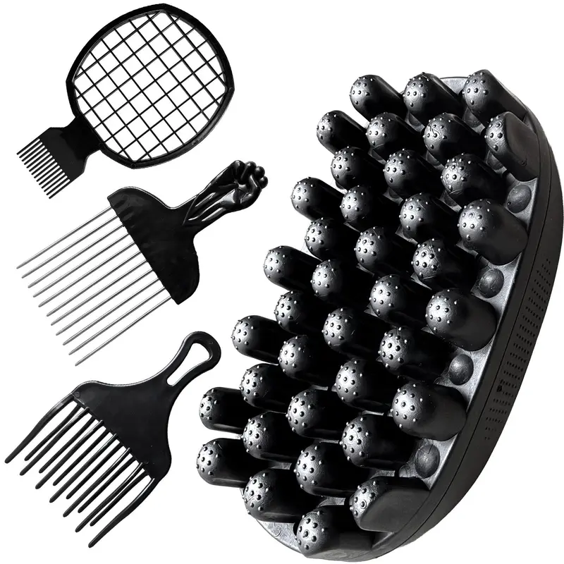 4-in-1 Eco-Friendly Freeform Brush Kit for Black Afro Kinky Coily Locks - Silicone Curly Brush, Stainless Steel Fist Pick, Mesh Max Volume Tool, Professional Edge Control Set - One Size African Curl Coil Care Product