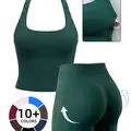 Women's Yoga 2-Piece Set, Breathable Sporty Halter Top & High-Waisted Seamless Butt-Lift Shorts, Plain Color Athletic, Seamless Sportswear, Seamless Yoga Outfits, Yoga Active Wear
