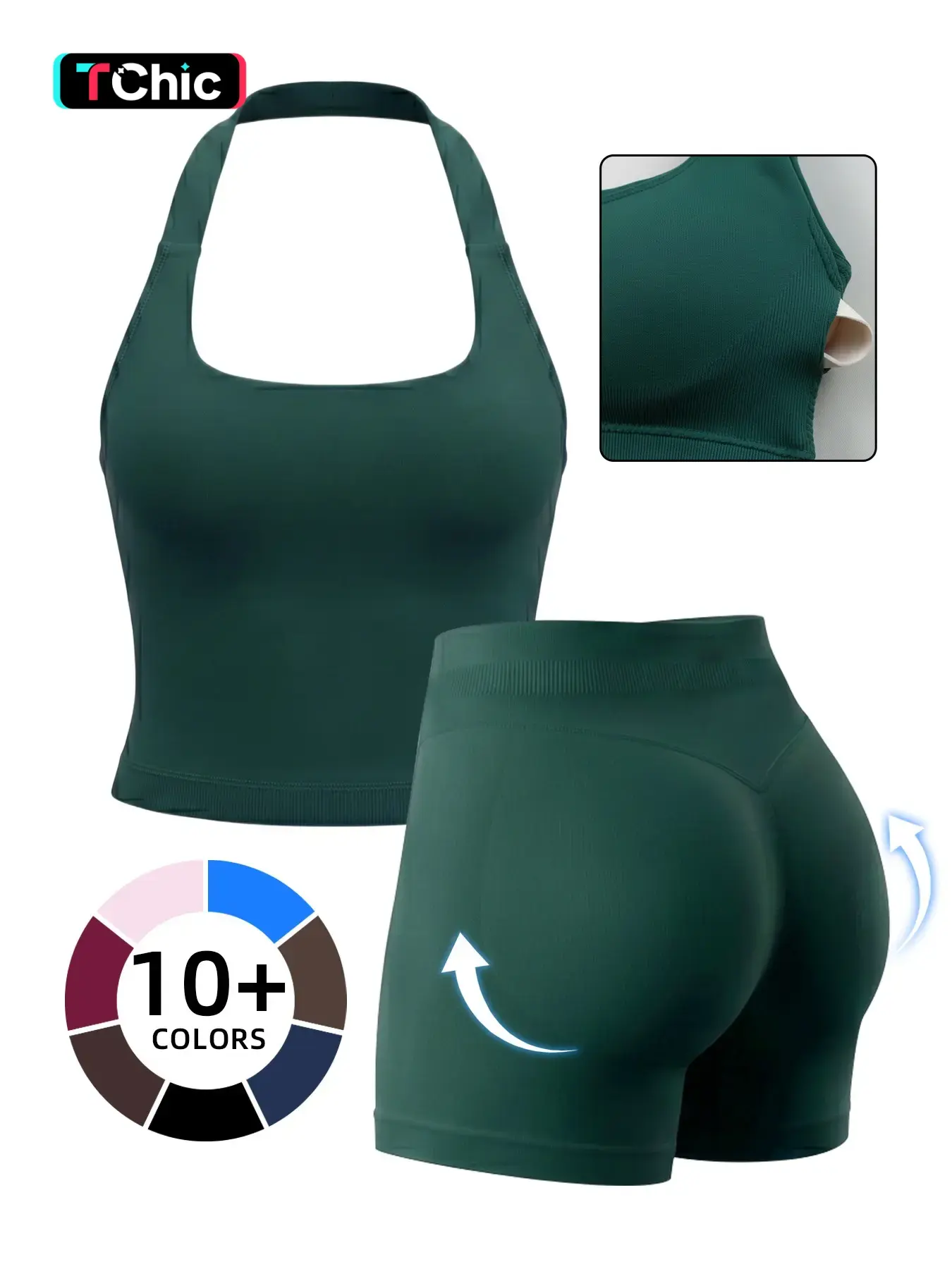 Women's Yoga 2-Piece Set, Breathable Sporty Halter Top & High-Waisted Seamless Butt-Lift Shorts, Plain Color Athletic, Seamless Yoga Outfits