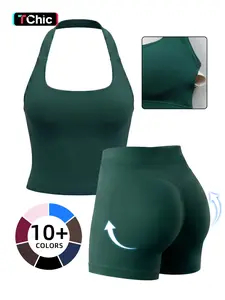 Women's Yoga 2-Piece Set, Breathable Sporty Halter Top & High-Waisted Seamless Butt-Lift Shorts, Plain Color Athletic