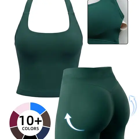Women's Yoga 2-Piece Set, Breathable Sporty Halter Top & High-Waisted Seamless Butt-Lift Shorts, Plain Color Athletic, Seamless Sportswear, Seamless Yoga Outfits, Yoga Active Wear