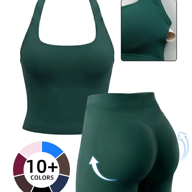 Women's Yoga 2-Piece Set, Breathable Sporty Halter Top & High-Waisted Seamless Butt-Lift Shorts, Plain Color Athletic, Seamless Sportswear, Seamless Yoga Outfits, Yoga Active Wear