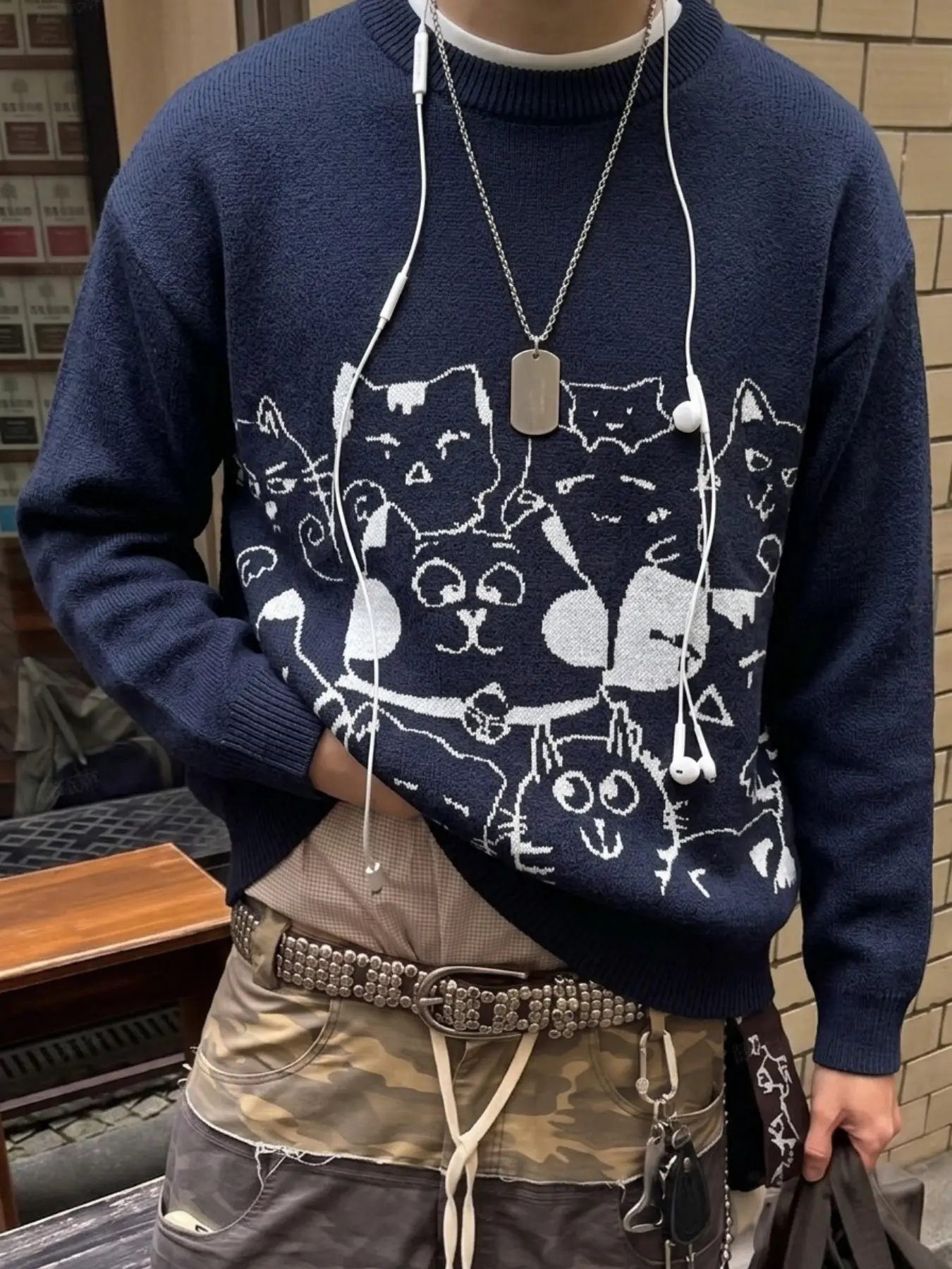 Men's Cartoon Cat Print Crew Neck Knit Pullover Sweater, Long Sleeve Oversized Relaxed Fit Harajuku Funny Cat Graphic Jumper with Ribbed Trim, Premium Fabric Cozy Warm Casual Fall Winter Sweater for Streetwear Daily School  Layering Wear y Blue