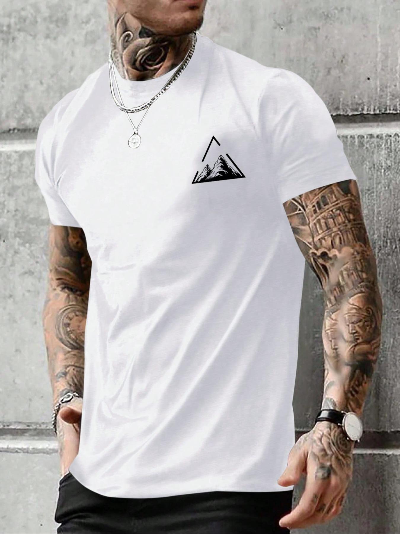 Men's Mountain Print Round Neck Tee, Casual Short Sleeve Crew Neck T-shirt for Summer, Men's Top for Daily Wear, Athletic Shirt, Athletic Sports Clothing, Athletic Apparel, Sporty T Shirt, Athletic Fashion Activewear, Athletic T Shirts