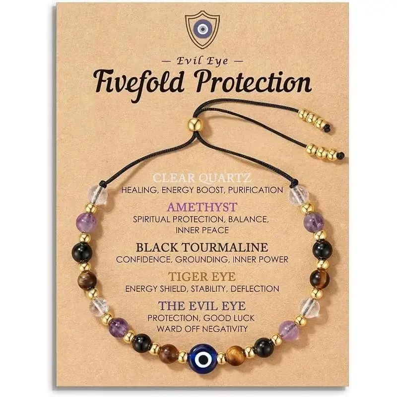 Evil Eye Dainty Bracelet - Natural Crystal Protection Bracelet with 5 Healing Stones (Clear Quartz, Amethyst, Black Tourmaline, Tiger Eye), Adjustable Spiritual Guardian Jewelry Gift with Meaning Card