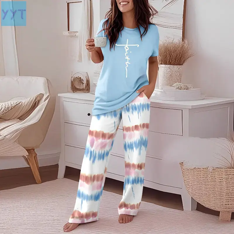 YYT1 Women's 2 Pieces Lounge Set Floral Print Short Sleeve Top and Plaid Print Elastic Waist Pants Set Casual Pajamas Set