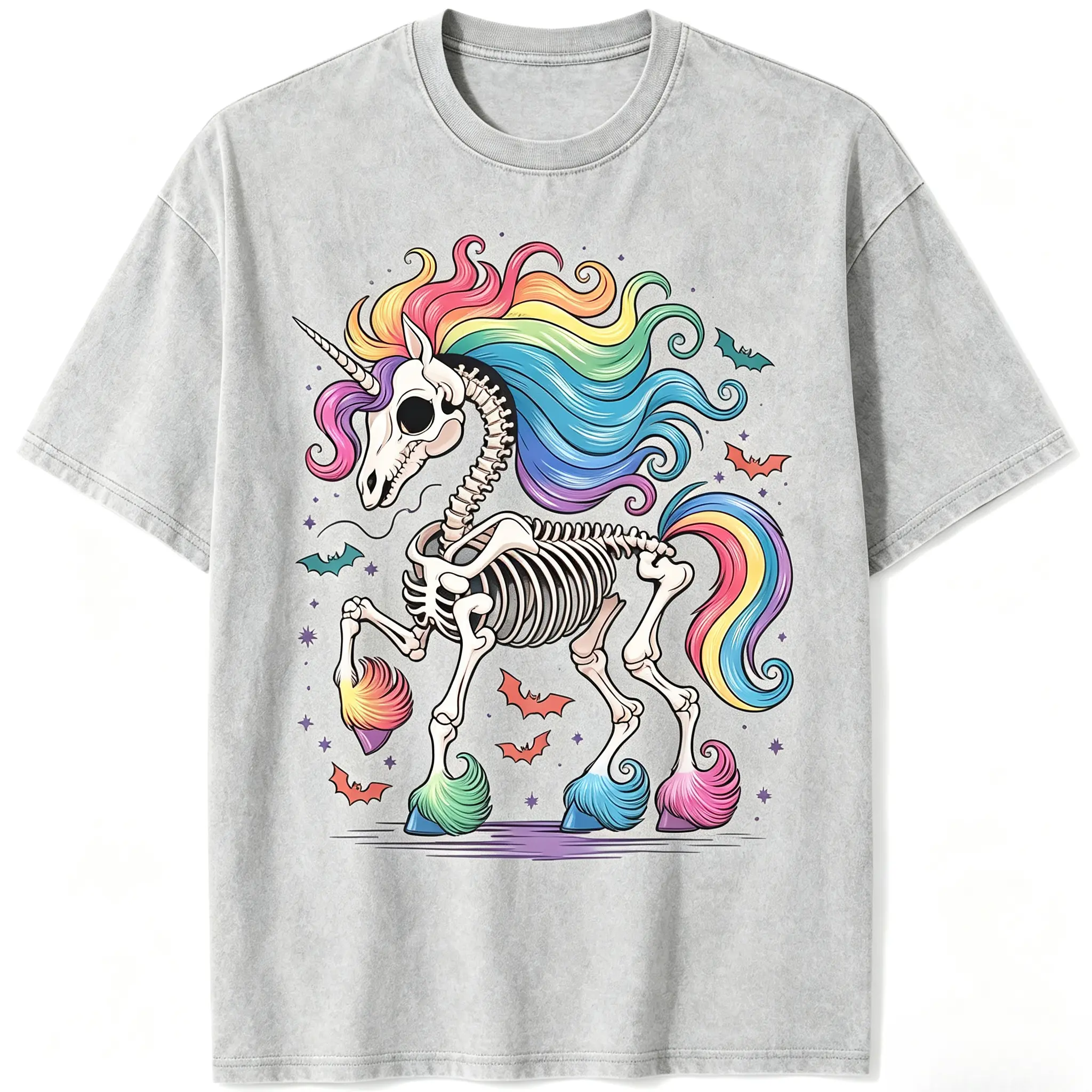 Men's Unicorn Skeleton Art Print T-Shirt - Cotton Menswear Streetwear Unisex Tops, Casual Relaxed Fit Short-Sleeve Round Neck, Fade-Resistant Vibrant Graphic, Soft Fabric