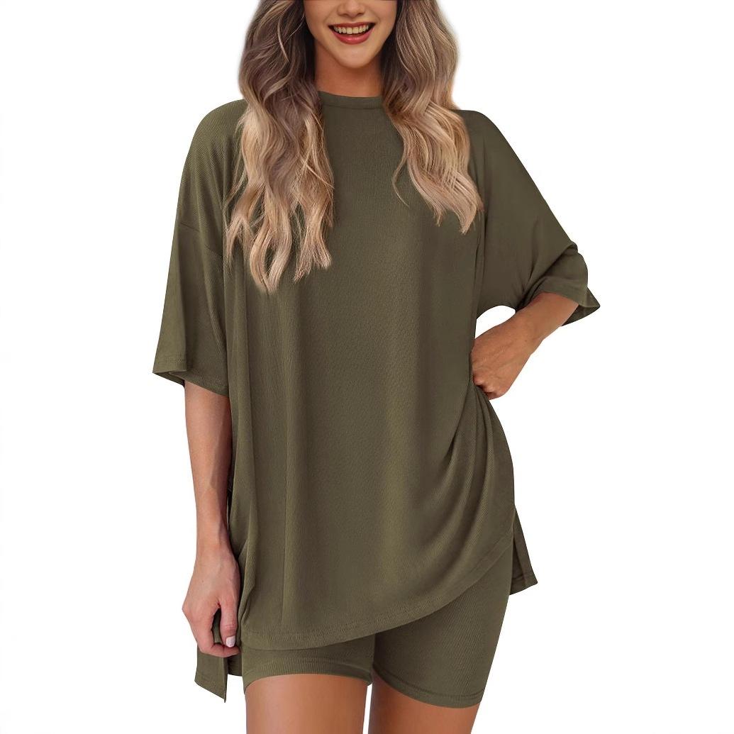 Women's 2-Piece Lounge & Workout Set |   Oversized Side Split T-Shirt + High Waist Shorts, Solid Comfy Outfit XS-4XL