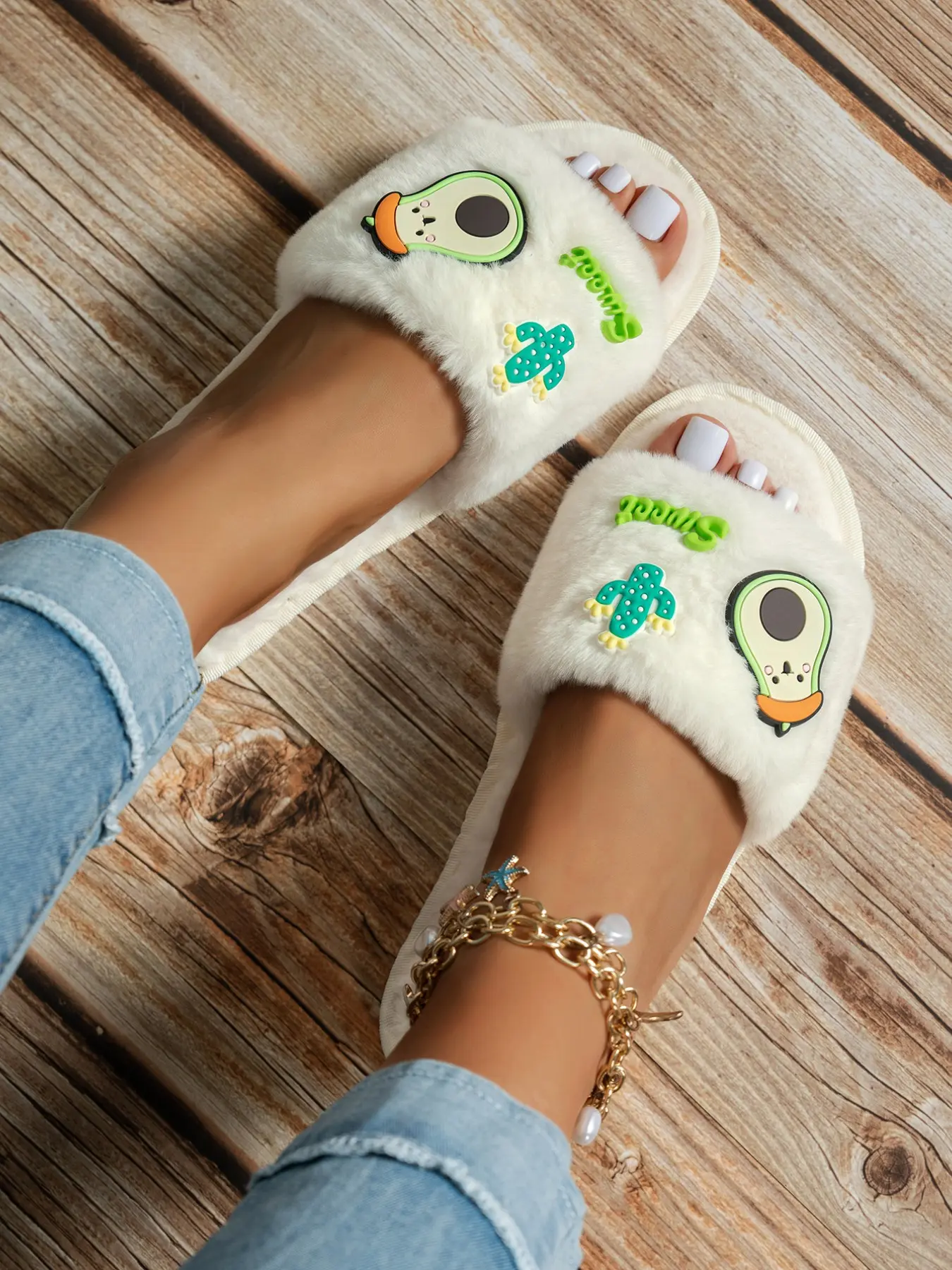 Women Fluffy Open Toe Slippers, Cute Avocado Cactus Patch, Soft Furry Slides, Indoor Cozy Plush House Slippers, Comfortable and Stylish