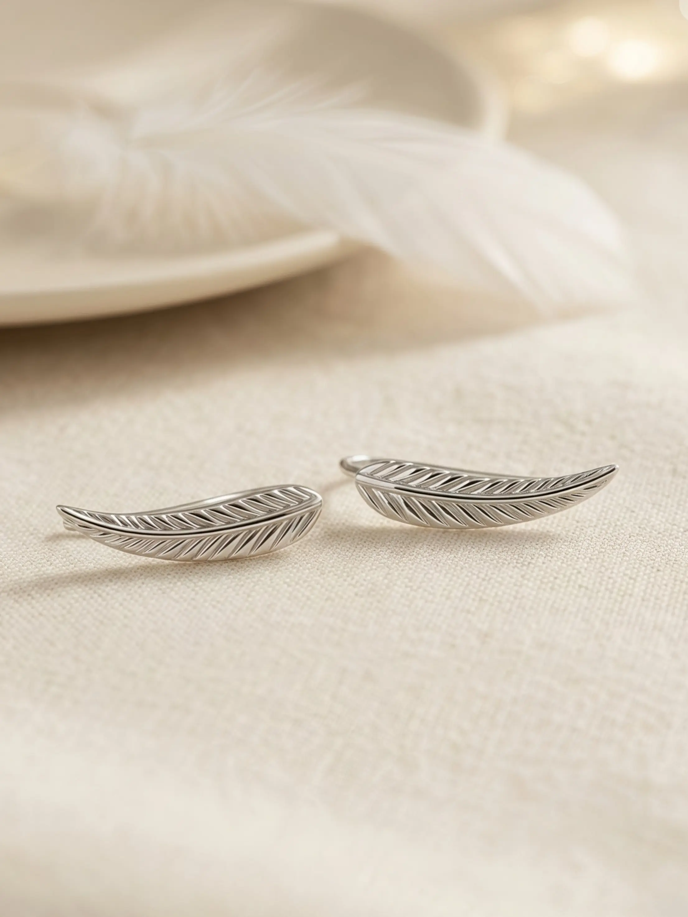 Feather Ear Climber Earrings, Boho Silvery Ear Cuff Leaf Ear Climber Earrings, Bohemian Statement Jewelry