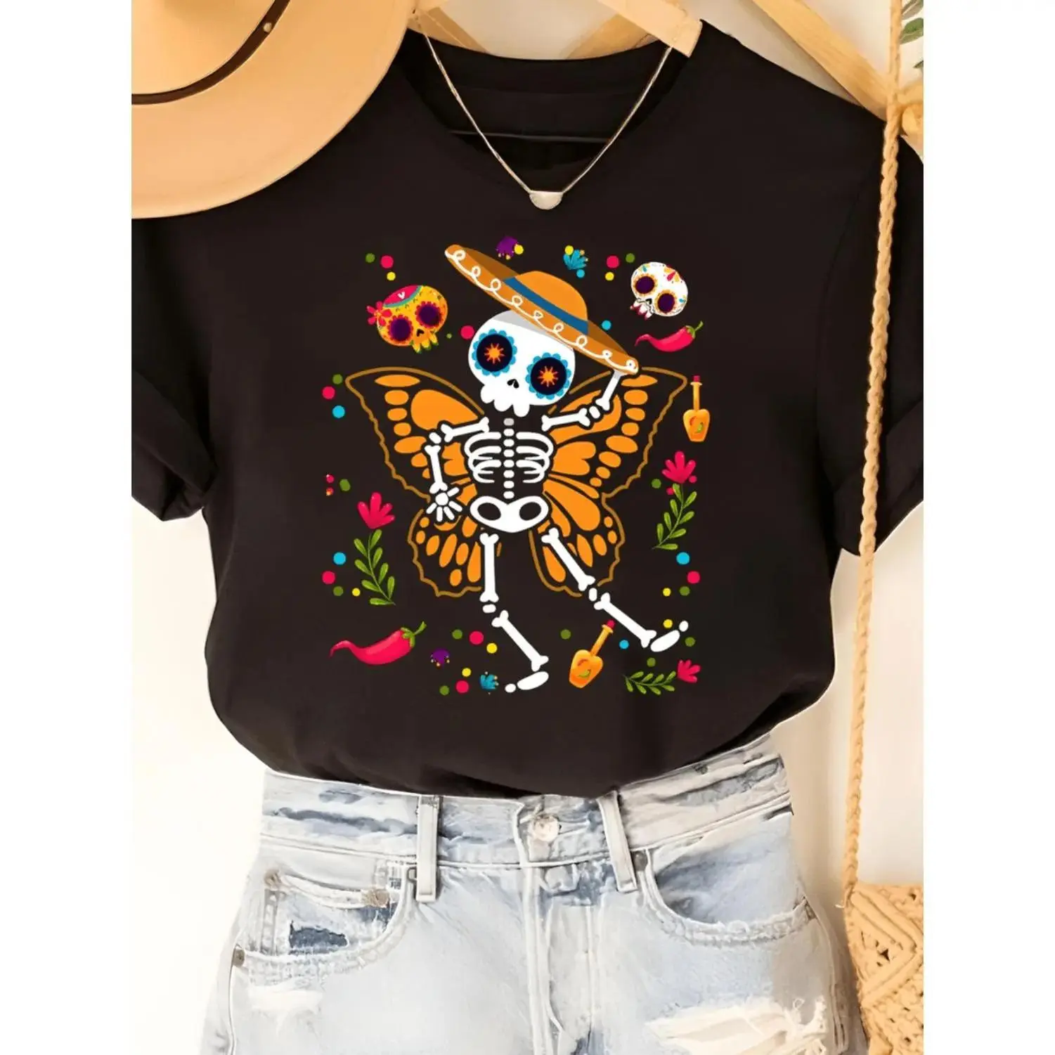 Halloween T-Shirt for Women Featuring Skeleton and Butterfly Design Comfortable Crew Neck Short Sleeve Top Ideal for All Seasons