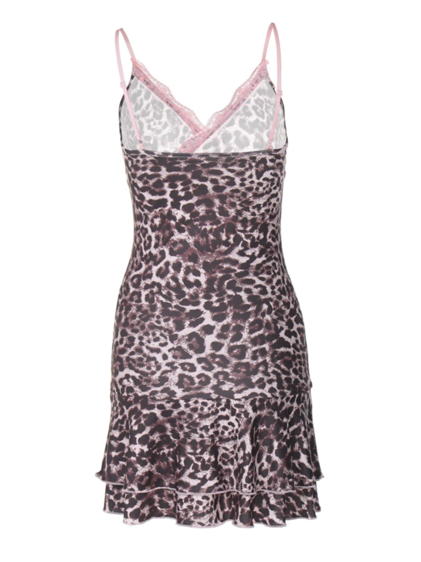 Women's Leopard Print Contrast Lace Bodycon Cami Dress, Wrap Tiered Layer Mini Dress for Party Club Dating Wear, Ladies Summer Clothes, Summer Dresses 2024 Wedding Guest Dress Downtown Girl Outfit Cheetah Girls Costume