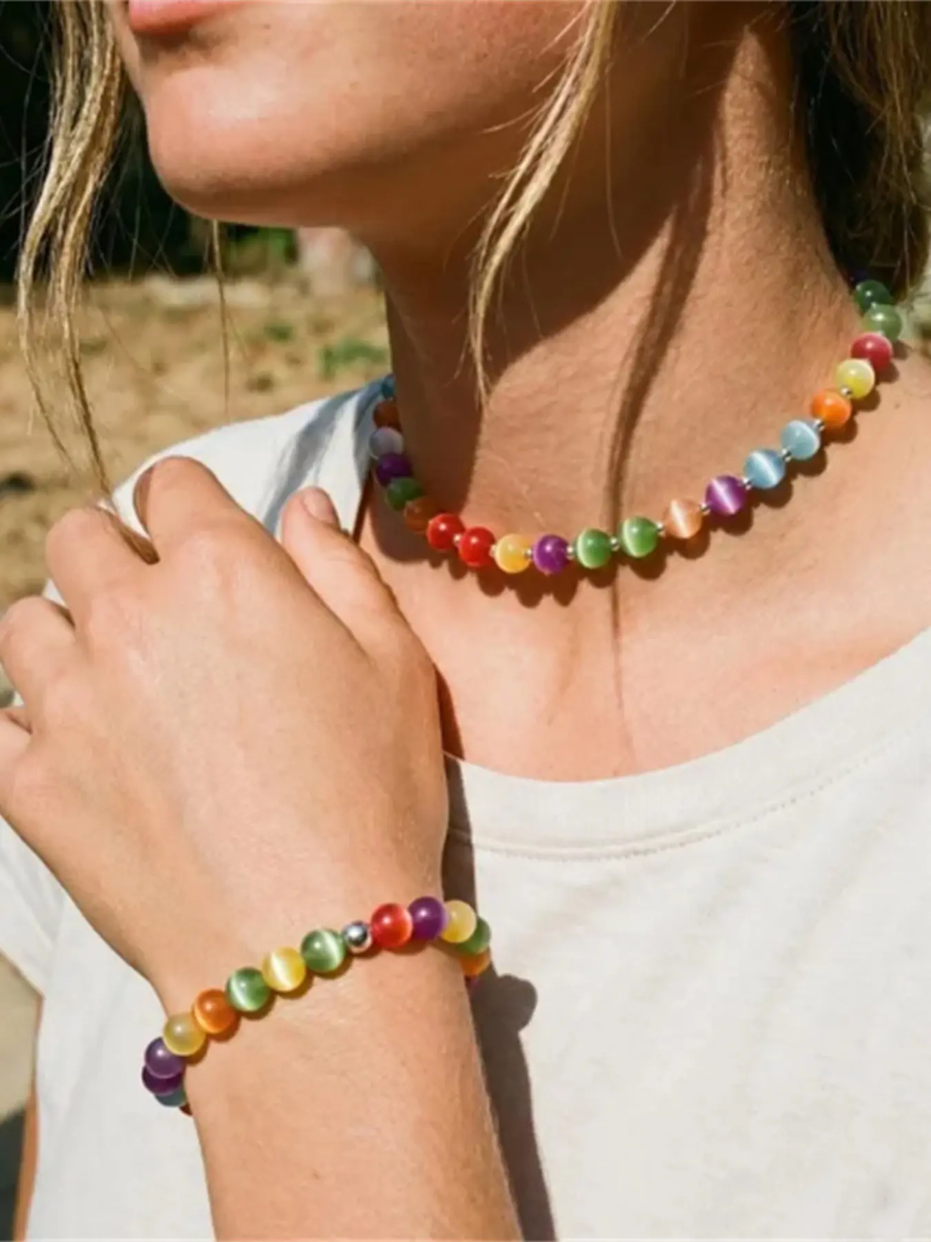 Dopamine Necklace UV Active Rainbow Bead Jewelry Set, Color Changing Mood Necklace Bracelet Earrings, Summer Beach Gift for Women