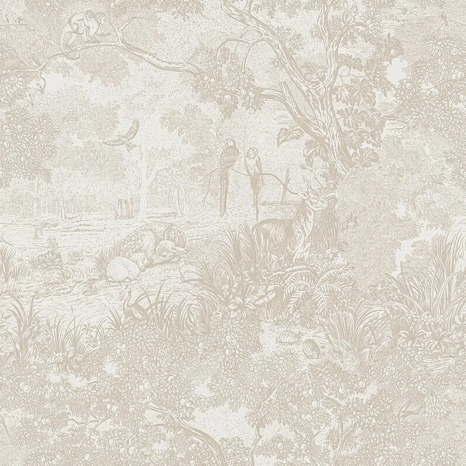 Peel and Stick Wallpaper Beige Neutral Vintage Forest Animals Floral Wallpaper Removable Self-Adhesive Contact Paper for Bedroom Living Room Cabinets Decoration Thicken Vinyl 17.3''x78.7''