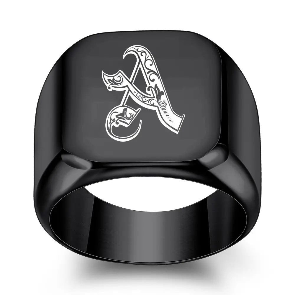 18MM Black Stainless Steel Signet Ring for Men and Women, Square Laser Engraved A-Z Initial Letter Ring, Vintage Unisex Statement Jewelry, Personalized Style Finger Ring for Daily Wear Party Date Birthday Holiday Gift