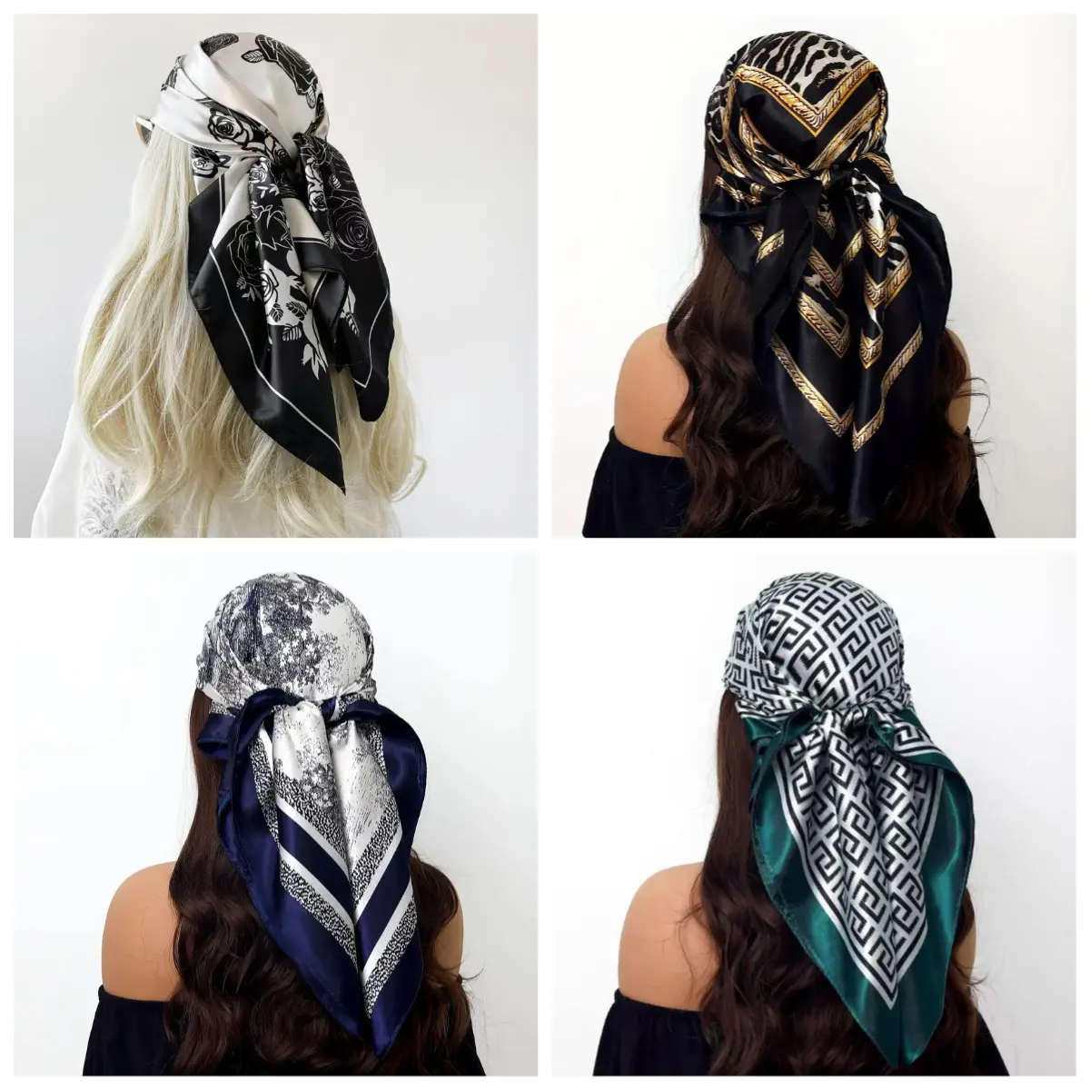 4-Piece Korean Style Satin Square Scarf Set with Mixed Prints, 90x90cm Lightweight Silk-like Poly Shawl for Everyday Summer Wear