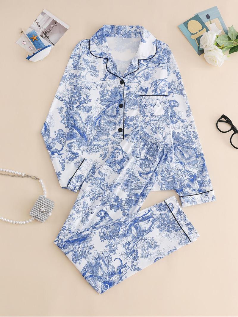 Women's 2-Piece All Over Print Button Front Pocket Lapel Shirt & Elastic Waist Pants Pyjama Set, Casual Comfy Long Sleeve Top & Trousers Matching Pj Set, Women's Sleepwear for Spring & Fall