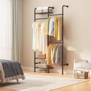 Loft Aesthetic Heavy Duty Industrial Pipe Closet System Wall Mounted Metal Garment Rack 1000 lbs Capacity Open Wardrobe Organizer with 3 Shelves Expandable Hanging Rods Anti-Tip Clothing Rack for Bedroom Room Makeover