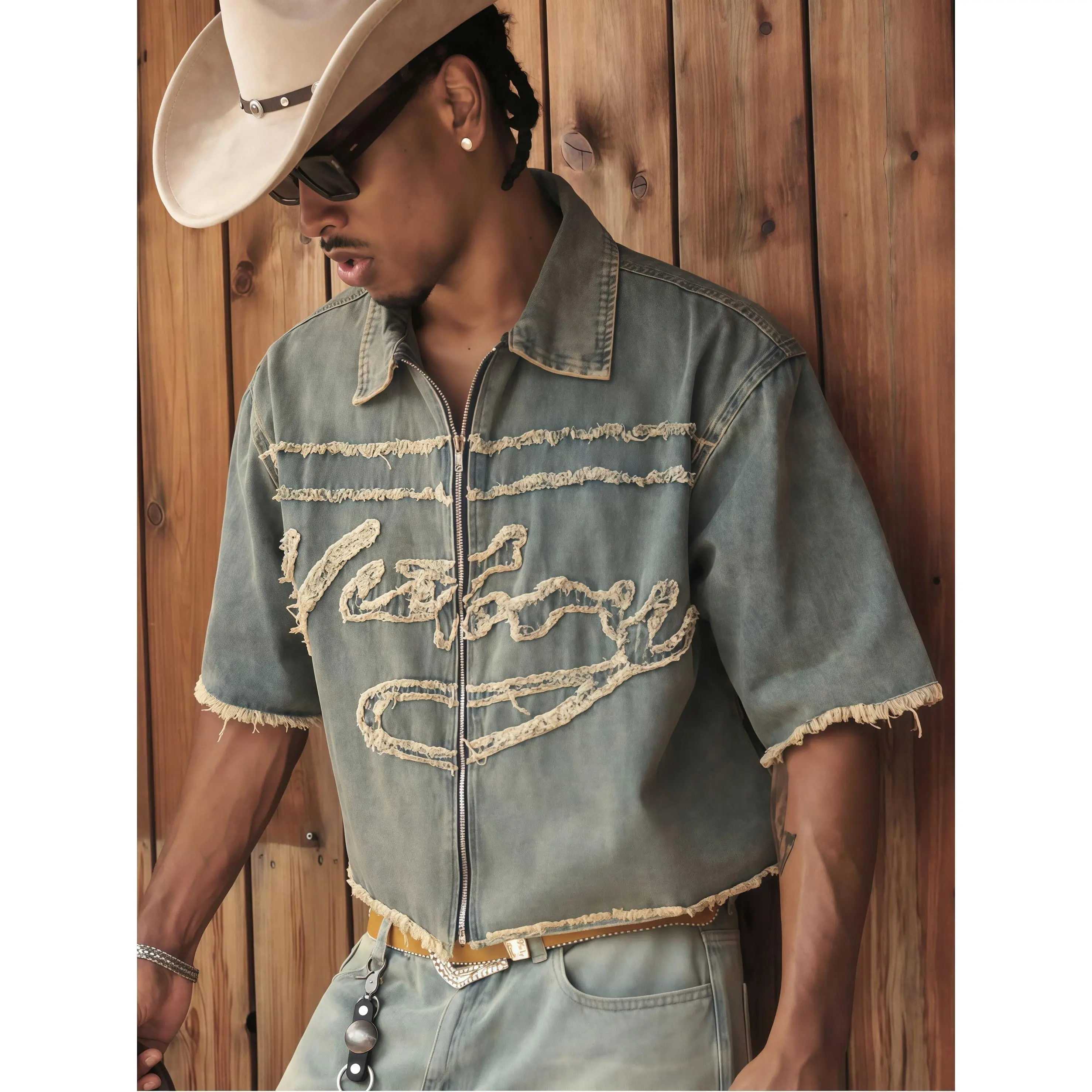 Vintage Western Cowboy Denim Shacket for Men, Cotton Blend Distressed Fringe Letter Applique Short Sleeve Zip Up Cropped Raw Hem Jean Jacket, Oversized Streetwear Casual Shirt