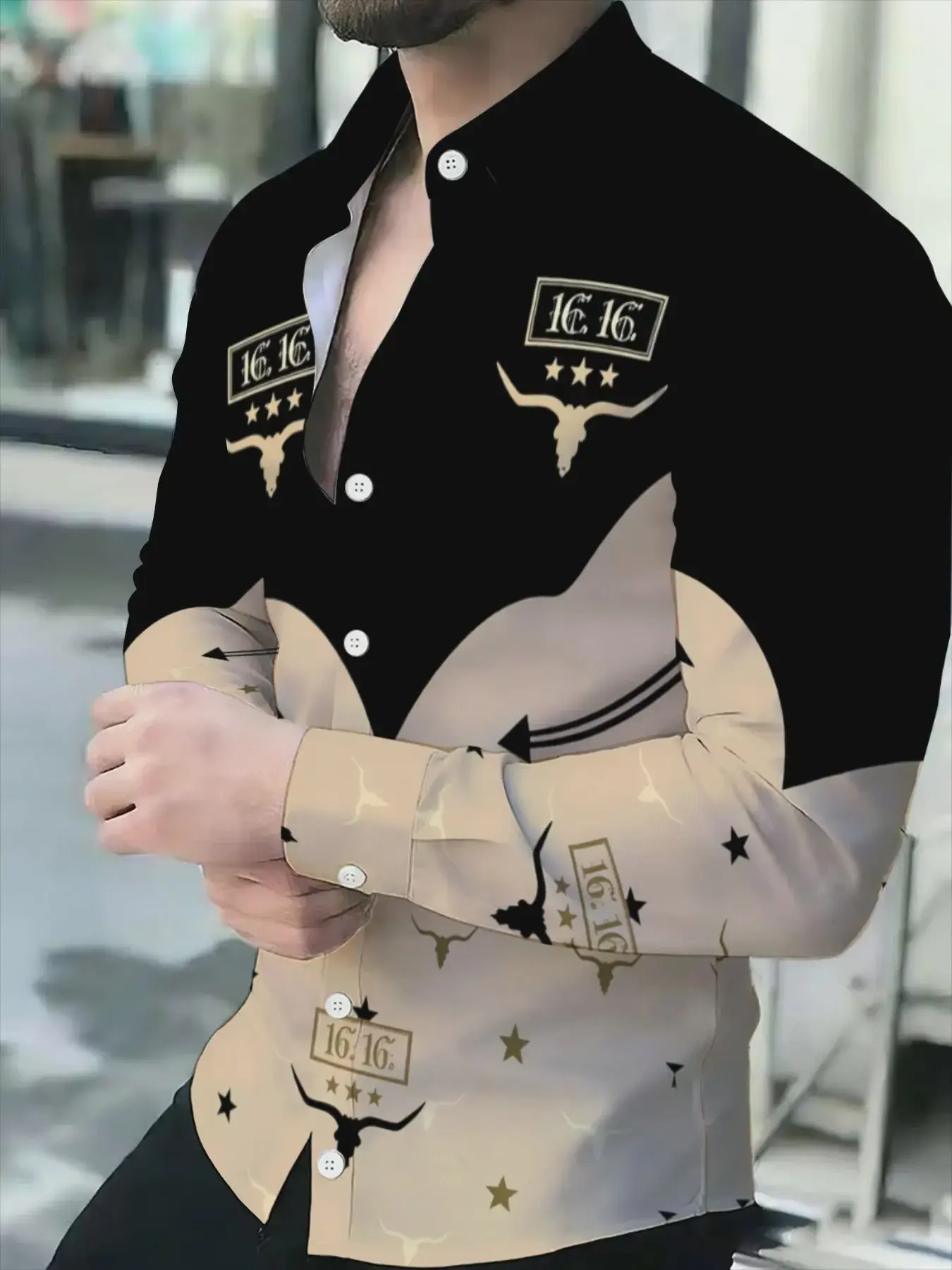Men's Western Style Color Block Denim Shirt, Long Sleeve Casual Top, Fitted All over Print Design, Unlined Full Placket