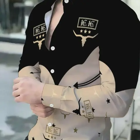Men's Western Style Color Block Denim Shirt, Long Sleeve Casual Top, Fitted All over Print Design, Unlined Full Placket, Casual Apparel