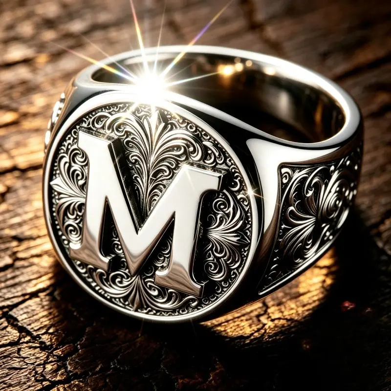 Unisex M-Letter Vintage Carved Wide Ring with Scroll Pattern Embossment, European-American Hip-Hop Punk Style Jewelry, Sizes 6-13, Daily-Party Gift Accessory