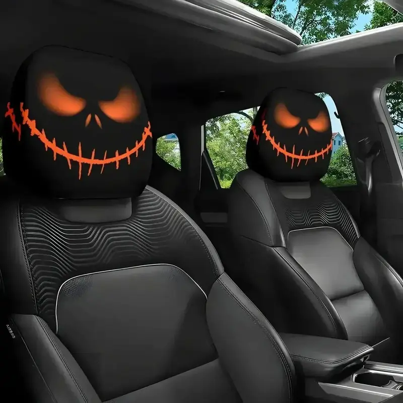 2-Pcs Gothic Pumpkin Skull Pattern Car Headrest Covers - Soft Fabric Seat Protectors with Glowing Eyes, Universal Fit for Cars/SUVs/Trucks, Halloween-Ready (Sports & Outdoor Leisure Racing Equipment)