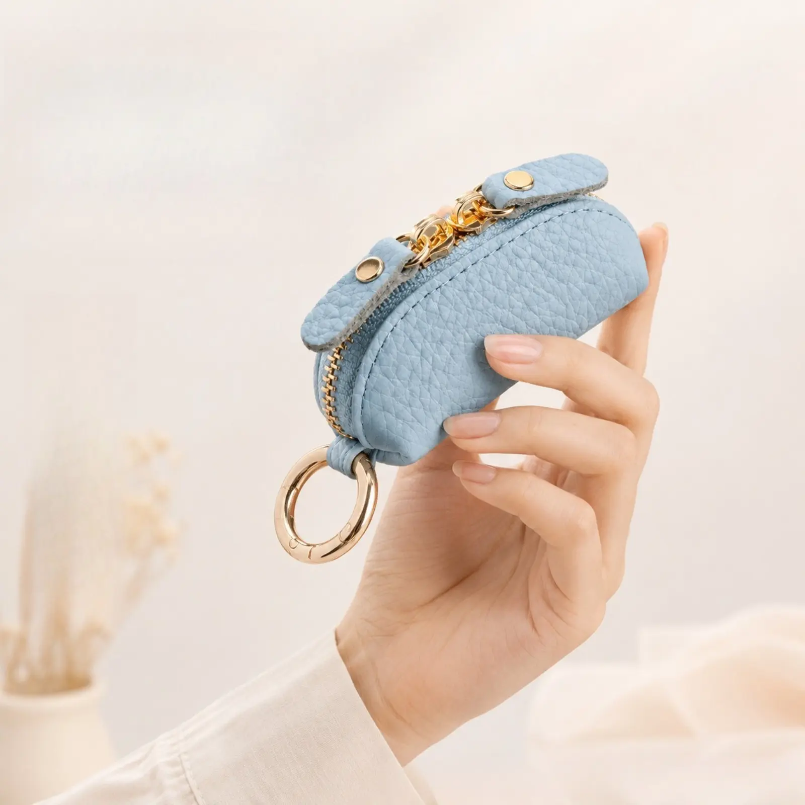 Key Coin Purse, Viral Double Zipper Faux Leather Key Holder Bag, Textured Mini Dual Compartment Accessory Pouch, Gold Hardware Portable Keychain Wallet, Compact Storage Bag for Car Keys Daily Travel Women Gift